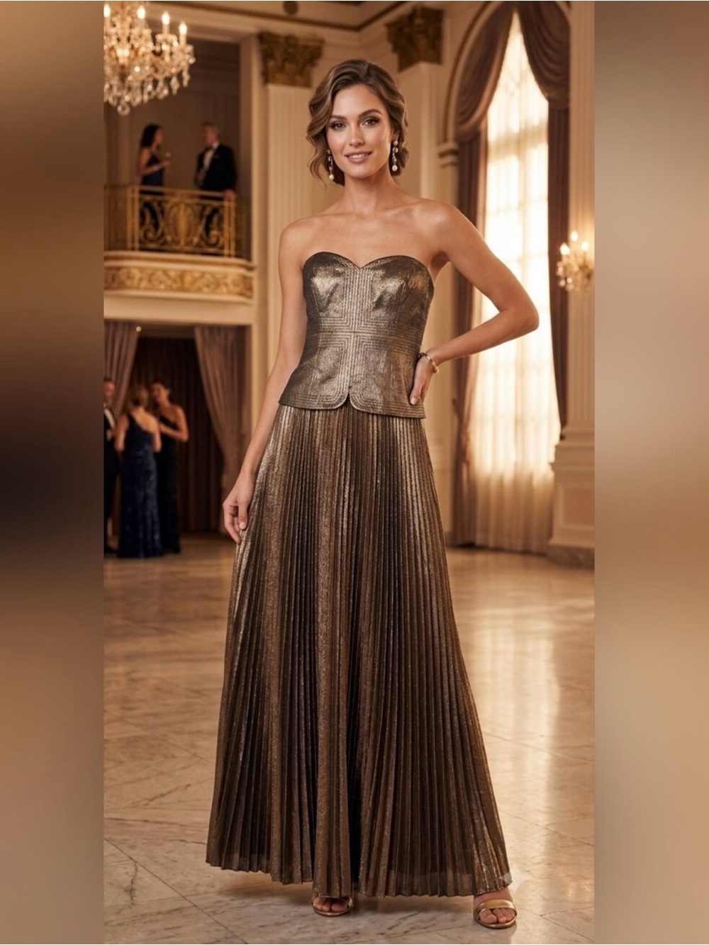 Strapless Metallic Gold Pleated Maxi Gown